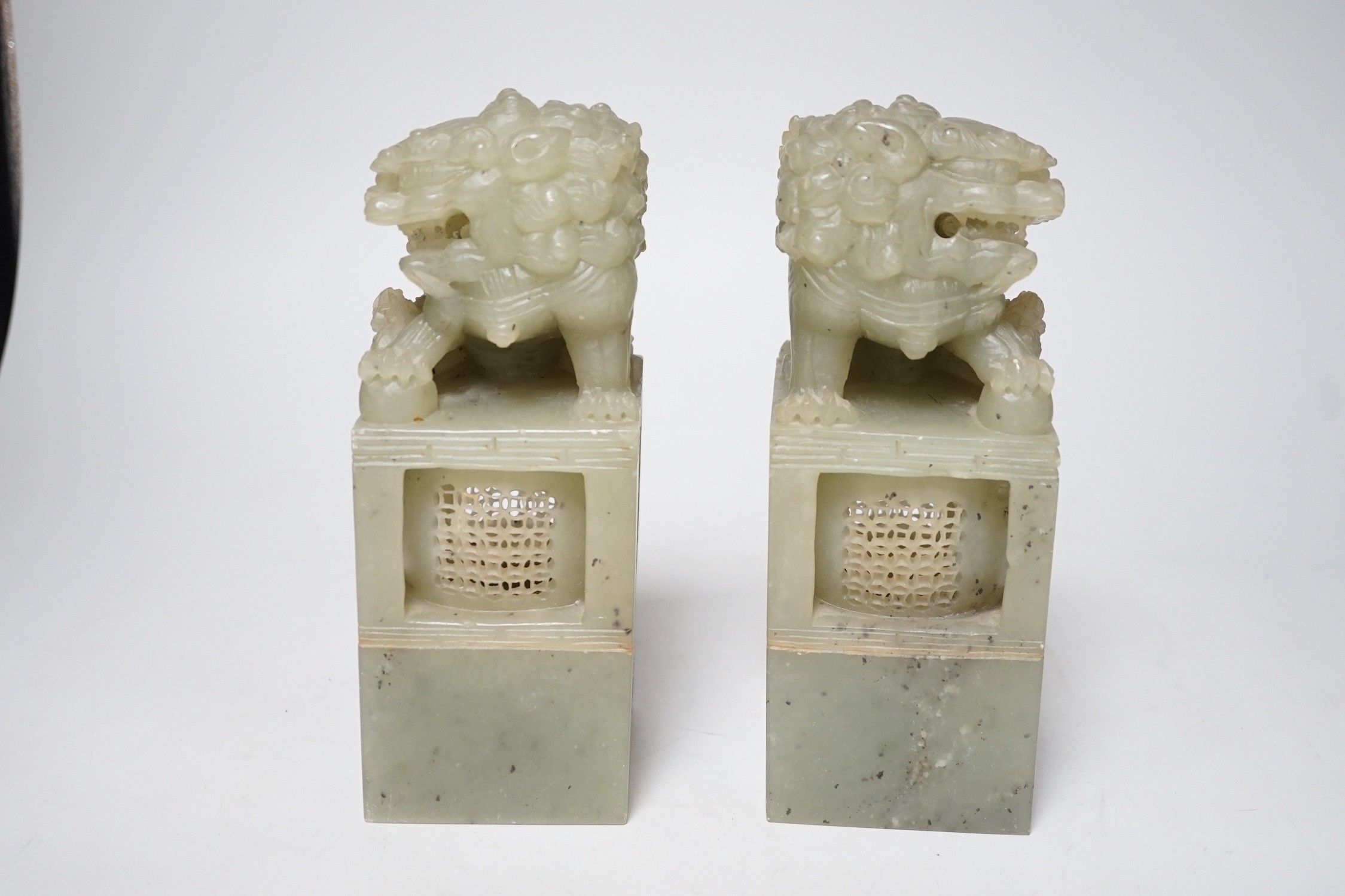 A pair of large Chinese soapstone ‘Temple Guardian lion’ seals, 21cm